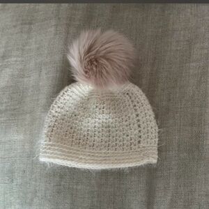 Cozy Cream Knit Beanie with Pink Pom-Pom and Matching Wrap Scarf
